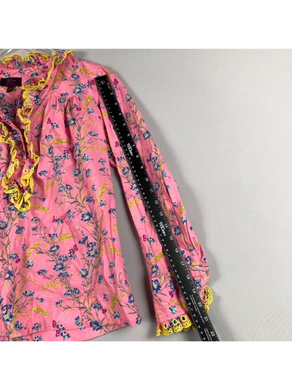 J.Crew Poplin Ruffle Blouse Size XS 100% Cotton Pink Wheat Bouquet Floral Print - Picture 12 of 13